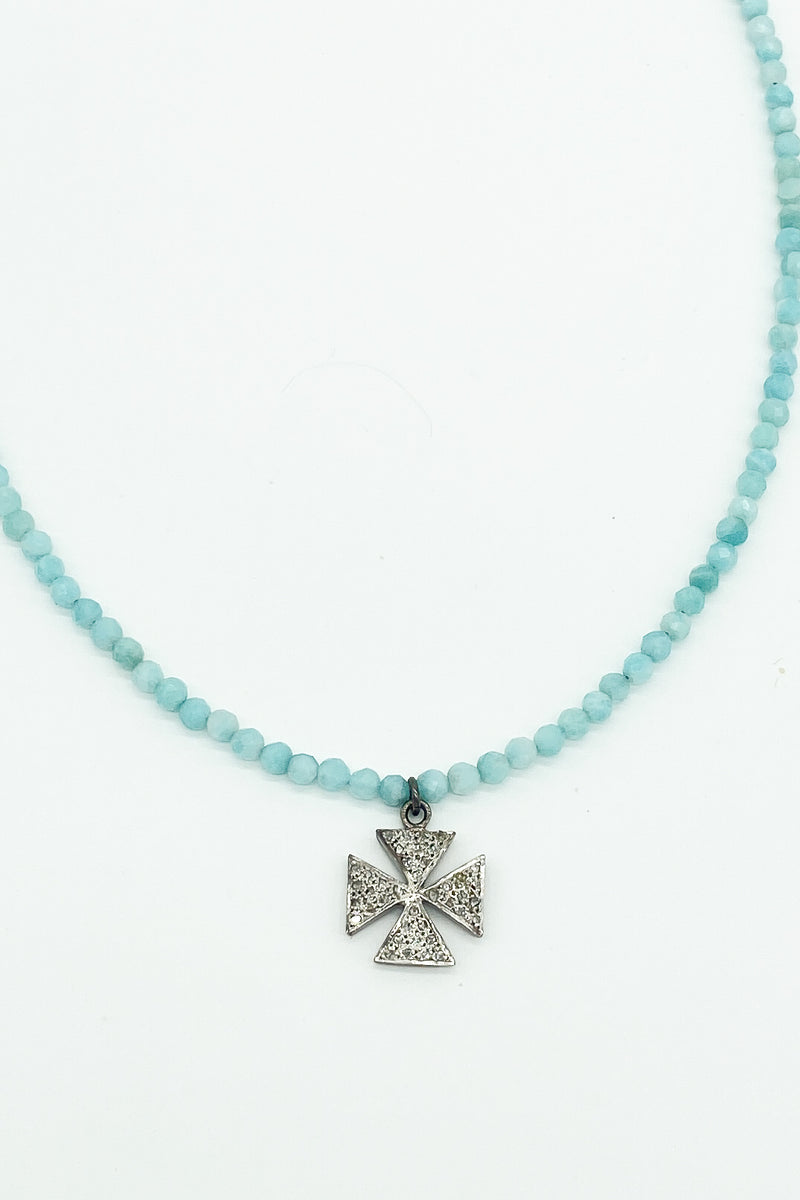 Pave diamond cross and amazonite gemstone necklace