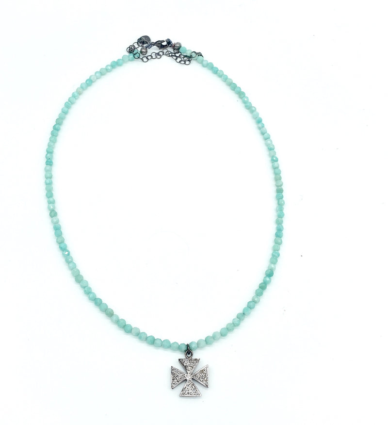 Pave diamond cross and amazonite gemstone necklace