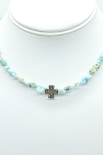 Diamond cross and larimar necklace