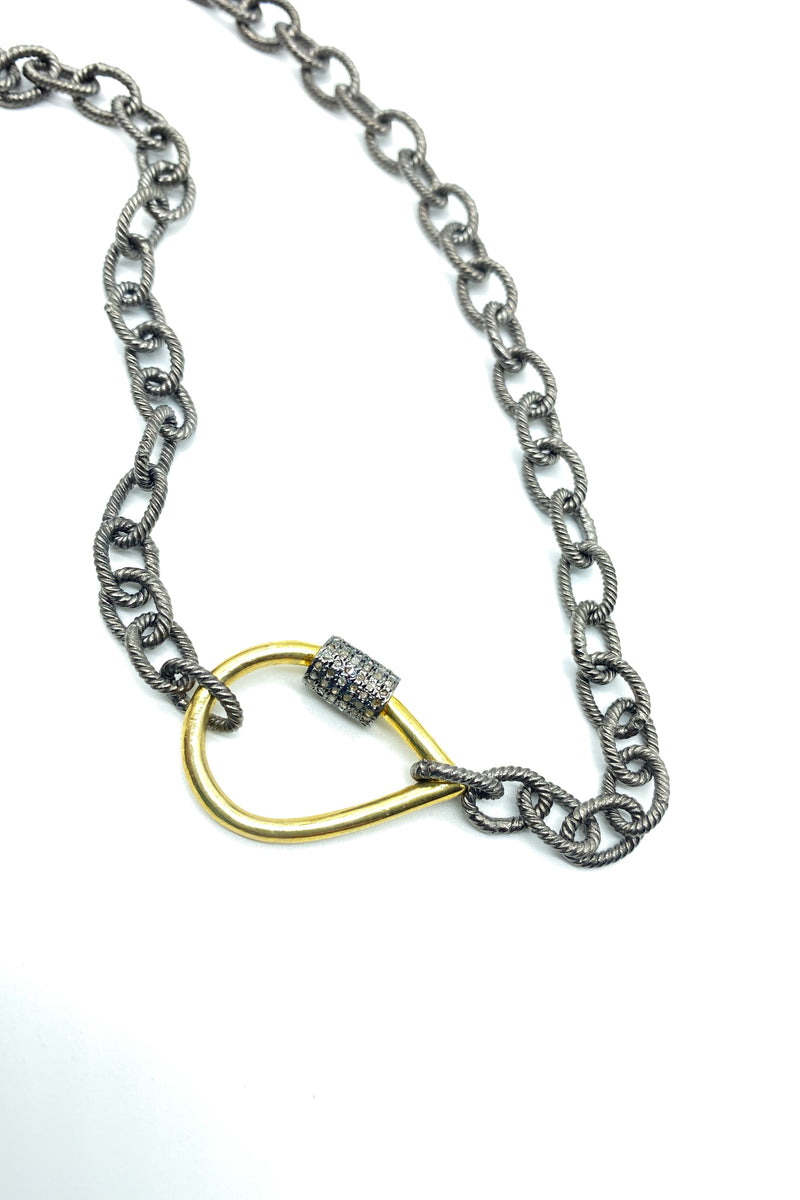 Mixed metal oval carabiner necklace with pave diamonds