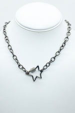 Oxidized star carabiner lock necklace with pave diamonds