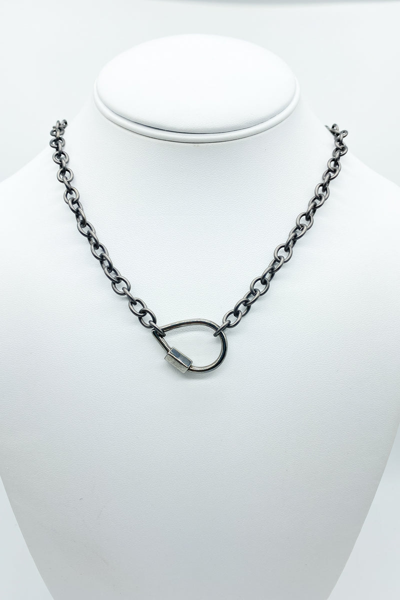 Gunmetal oval carabiner lock necklace