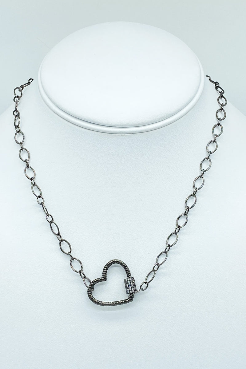 Gunmetal chain and heart carabiner lock with cz